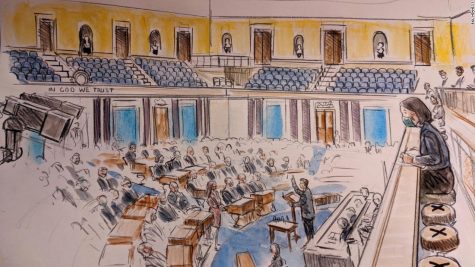 A courtroom sketch of the Senate Chambers during the Trial.