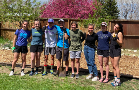 SHS National Honor Society members, from left to right, are junior Gwen Ramsey, senior Cassidy Gillis, juniors Elijah Wilcox, Kuper Banghart and Kate Adams, sophomore Amy Adams, senior Lily Lengerich and junior Macy Mazzeo. They stand together after completing yard work for a Poncha Springs resident. 