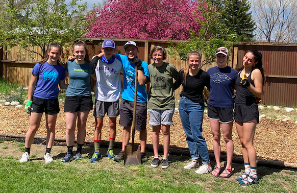 SHS National Honor Society members, from left to right, are junior Gwen Ramsey, senior Cassidy Gillis, juniors Elijah Wilcox, Kuper Banghart and Kate Adams, sophomore Amy Adams, senior Lily Lengerich and junior Macy Mazzeo. They stand together after completing yard work for a Poncha Springs resident. 