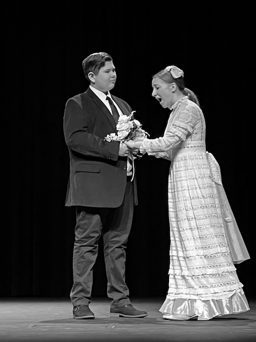 Emily Webb, played by senior Rebecca Russell, panics, venting to her father Charles, played by Sophomore Ben Smith, about her upcoming wedding. Both were performing in the Salida High Schools Drama Team’s production of Our Town, on November 12, 13 and 14th. Russell has been acting for years, including four years with the Salida High School Drama Team. Some of her previous roles include Horatio in Hamlet and the Singing Telegram Girl in Clue. Ben Smith is a newcomer, and this is his second play at Salida High School.